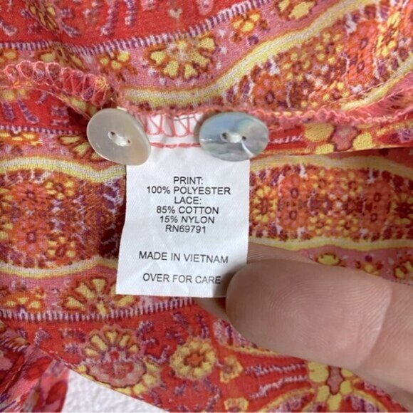 Figueroa And Flower Orange Link Multi Print Semi Sheer Long Sleeve Boho Blouse M - Picture 4 of 15